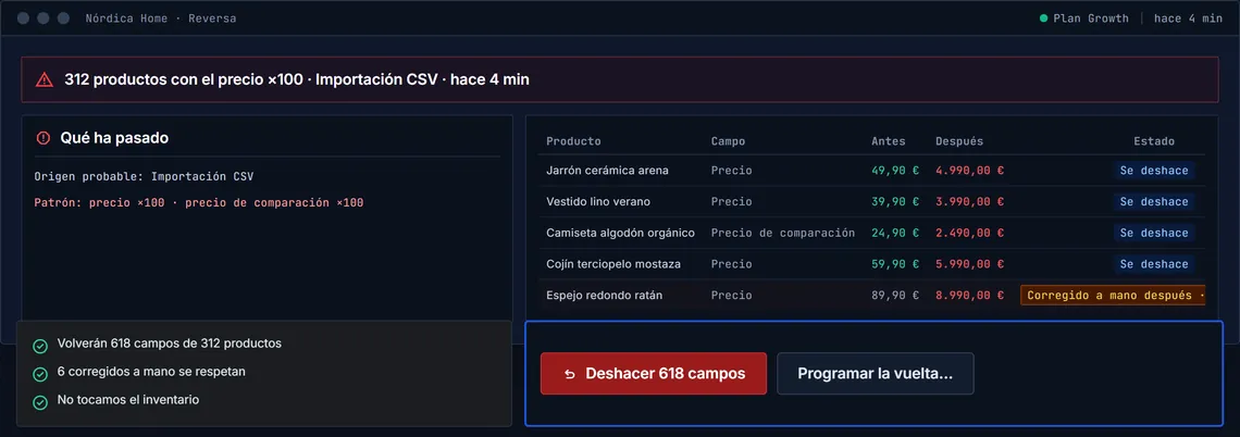 Reversa: un incidente con 312 productos cuyo precio se multiplicó por 100 en una importación CSV, con el botón Deshacer 618 campos. Ejemplo ilustrativo con datos inventados.